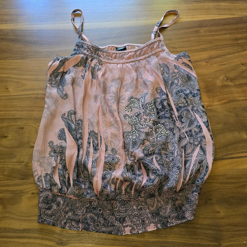 Y2K Boho Vanity Paisley Cami Top Women XL Retro Rhinestone Smocked Fairycore